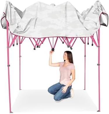 Roxy 10x10 Pop Up Canopy – Outdoor Beach Tent with Easy Up One-Push Setup – Portable Shade Shelter for Beach, Tailgate, Family Trips, RV Camping – Folding Gazebo with Wheeled Bag – Hot Pink/White