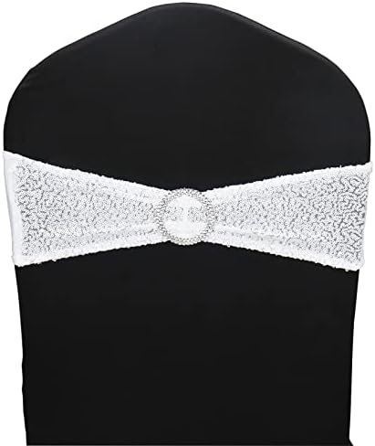 Spandex Sequin Chair Sashes, Pack of 100 Stretch Chair Bands with Buckle for Wedding, Graduation, Anniversary & Prom Celebrations (White, 100pcs)
