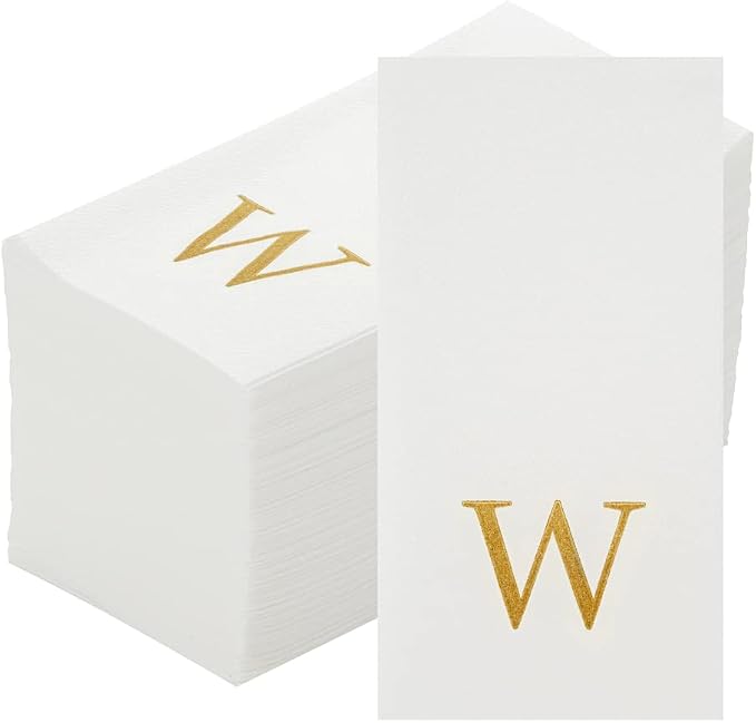 Luxenap 15.8 X 7.9 Inch Linen-Feel Guest Towels, 50 Lettered Hand Towels - Gold Letter 'W', Sans Serif Font, White Paper Dinner Napkins, airlaid, For Restrooms And Tables