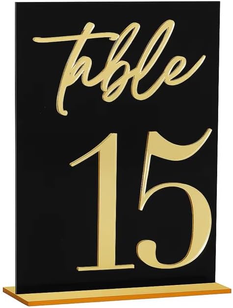 Wedding Table Numbers, Black Acrylic with Gold Text, Freestanding with Base