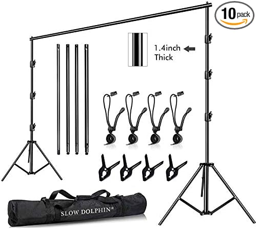 SLOW DOLPHIN 10 x 10Ft Photo Video Studio Heavy Duty Adjustable Muslin Backdrop Stand Background Support System Kit for Photography with Carrying Bag 8 Pcs Clip Clamps