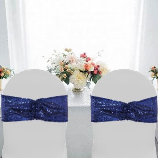 Eternal Beauty Pack of 50 Navy Blue Chair Sashes Band Bows Sequin Chair Sashes for Wedding Cover Decorations
