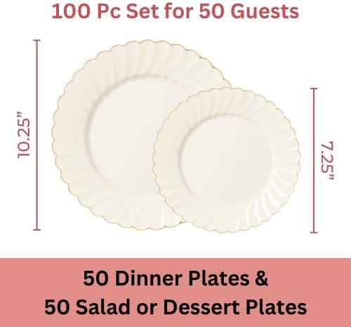 By Madee HEAVYWEIGHT 100 Pc Fancy Disposable Plates Set | Ivory Scalloped Premium Disposable Plates with Rose Gold Trim | 50 Dinner & 50 Dessert Plates (50 Guests)