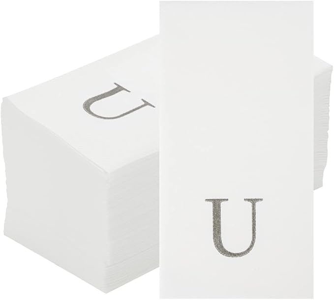 Luxenap 15.8 X 7.9 Inch Linen-Feel Guest Towels, 50 Lettered Hand Towels - Silver Letter 'U', Sans Serif Font, White Paper Dinner Napkins, airlaid, For Restrooms And Tables - Restaurantware