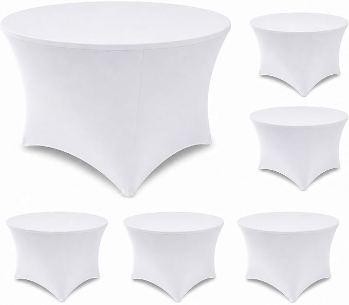 Round Table Covers - 6 Pack 48x30 Inch Table Cloth - White Fitted Stretch Spandex Round Tablecloth for Party, Vendor, Birthday, Booth, Banquet