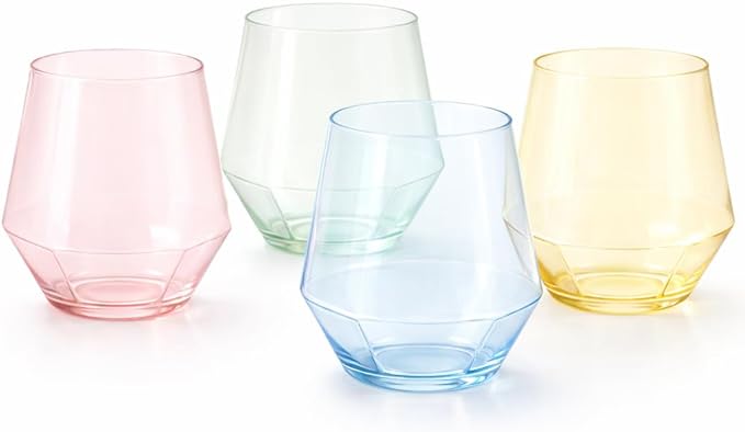 Oojami 40 Pack Diamond Disposable Plastic Wine Glasses 12oz for Parties | Stemless Wine Cups, Champagne Cocktail Whiskey - Shatterproof Unbreakable Reusable Recyclable BPA-Free, Weddings Birthday