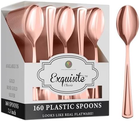 Exquisite Rose Gold Plastic Spoons Heavy Duty 160 Pieces Rose Gold Plastic Silverware Heavy Duty Disposable Silverware Set, Disposable Spoons Eating Utensils Sets Flatware Set For Parties