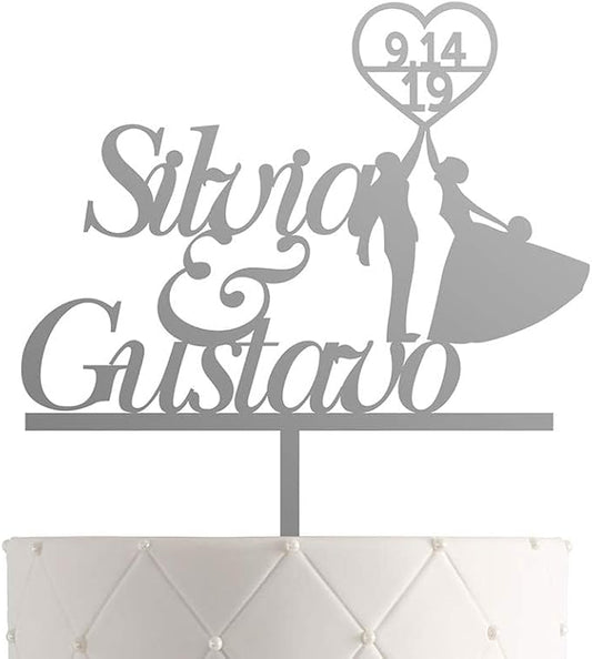 Personalized Mr. & Mrs. Wedding Cake Topper – Custom Bride & Groom Cake Decoration – Elegant Wedding Décor, Anniversary, Engagement Party (Design 2 (IND102), Silver Mirror)