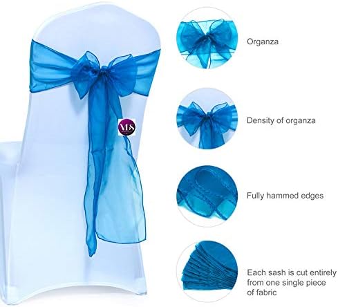 VDS Pack of 100 Organza Chair Sashes for Weddings & Events Décor | Sheer Shiny Dining Chair Bows for Banquet, Party, Reception | Reusable Decorative Sash for Folding & Chiavari Chairs - Dark Teal