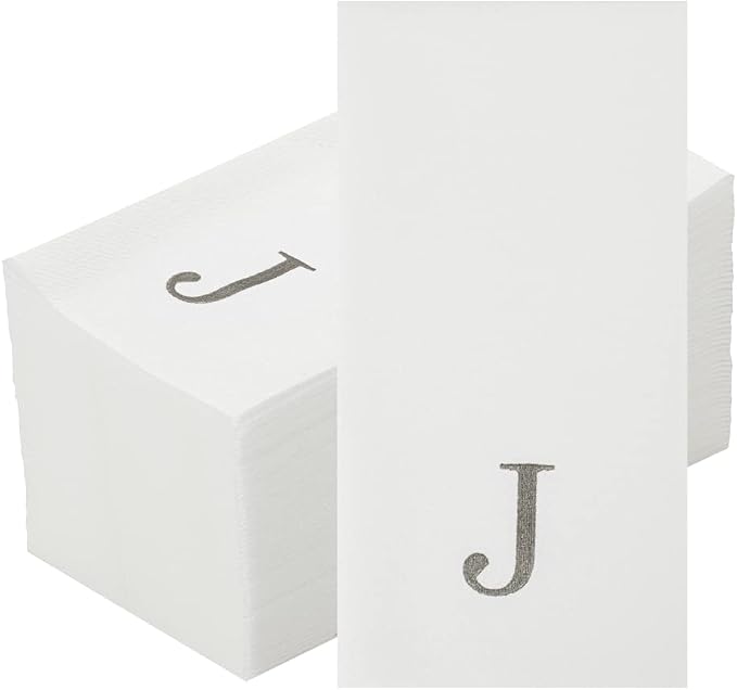 Luxenap 15.8 X 7.9 Inch Linen-Feel Guest Towels, 2000 Lettered Hand Towels - Silver Letter 'J', Sans Serif Font, White Paper Dinner Napkins, airlaid, For Restrooms And Tables - Restaurantware