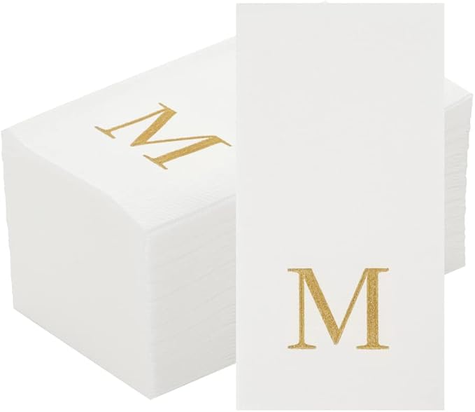 Luxenap 15.8 X 7.9 Inch Linen-Feel Guest Towels, 50 Lettered Hand Towels - Gold Letter 'M', Sans Serif Font, White Paper Dinner Napkins, airlaid, For Restrooms And Tables