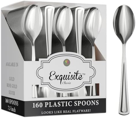 Exquisite Silver Plastic Spoons Heavy Duty 160 Pieces Silver Plastic Silverware Heavy Duty Disposable Silverware Set, Disposable Spoons Eating Utensils Sets Flatware Set For Parties & Events