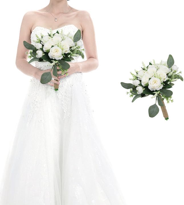 Bridesmaid Bouquets for Wedding 1 Pack - Pre-Made Artificial Ivory Bouquet Flower Girls Bridal Small Floral for Bride Party Ceremony Anniversary Decoration - 7inch