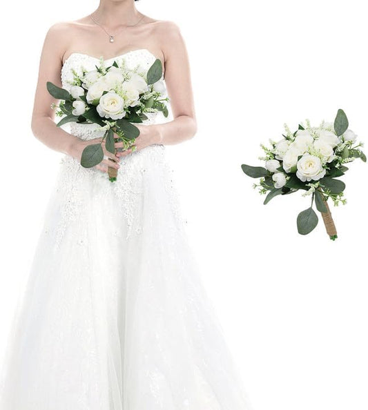 Bridesmaid Bouquets for Wedding 1 Pack - Pre-Made Artificial Ivory Bouquet Flower Girls Bridal Small Floral for Bride Party Ceremony Anniversary Decoration - 7inch