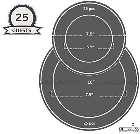 OCCASIONS 50 Plates Pack (25 Guests) - Dusty Blue Fancy Disposable Plastic Plates, Heavy Duty 25x10'' Dinner + 25x7.5'' Salad/Dessert, Scalloped Edge, Wedding Party Shower, BPA Free (Verona in Blue)