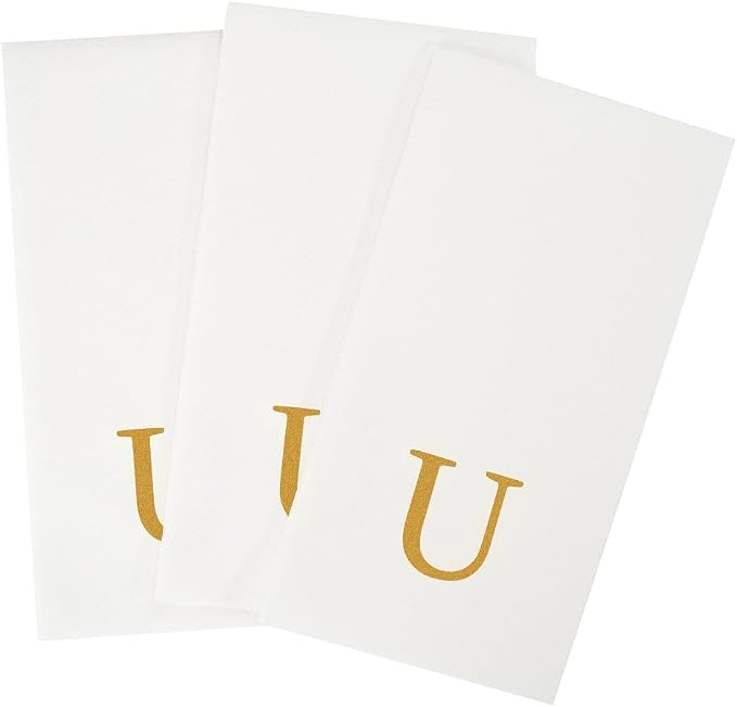 Luxenap 15.8 X 7.9 Inch Linen-Feel Guest Towels, 2000 Lettered Hand Towels - Gold Letter 'U', Sans Serif Font, White Paper Dinner Napkins, airlaid, For Restrooms And Tables