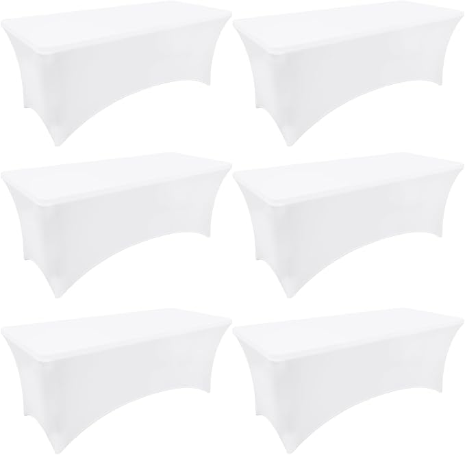 Moosfor Spandex Elastic Fitted 5FT Rectangle Tablecloth 6 Pack, Stretch Washable Reusable Table Cover for Outdoor Picnic, Dining, Wedding, Banquet & Party Events (White, 60Lx30Wx30H Inch)