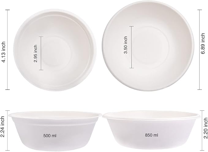 supernal 200Pcs Compostable Disposable Paper Bowls Combo Set for Catering | Heavy duty bagasse sugarcane bowls include 100pcs 16oz and 100pcs 30oz. Biodegradable, leakproof soup bowls for party.