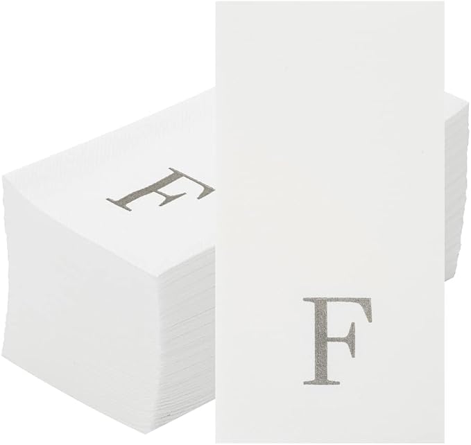 Luxenap 15.8 X 7.9 Inch Linen-Feel Guest Towels, 50 Lettered Hand Towels - Silver Letter 'F', Sans Serif Font, White Paper Dinner Napkins, airlaid, For Restrooms And Tables - Restaurantware