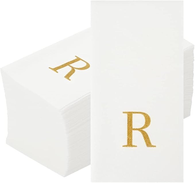 Luxenap 15.8 X 7.9 Inch Linen-Feel Guest Towels, 50 Lettered Hand Towels - Gold Letter 'R', Sans Serif Font, White Paper Dinner Napkins, airlaid, For Restrooms And Tables