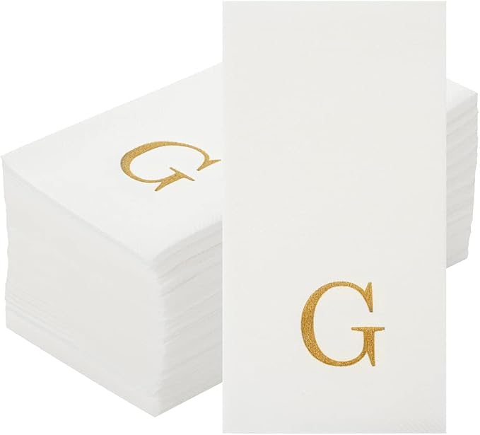 Luxenap 15.8 X 7.9 Inch Linen-Feel Guest Towels, 50 Lettered Hand Towels - Gold Letter 'G', Sans Serif Font, White Paper Dinner Napkins, airlaid, For Restrooms And Tables - Restaurantware