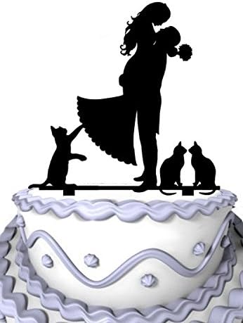 Meijiafei Groom Hold Bride with 3 Cat Wedding Party Acryilc Cake Topper