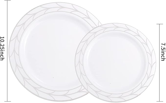 COLOSUS 100pcs Disposable Silver Plastic party plates, Heavy Duty Silver White Plastic Plates set 50 Dinner Plate, 50 Salad Plate for Wedding, Birthday, Party dinner