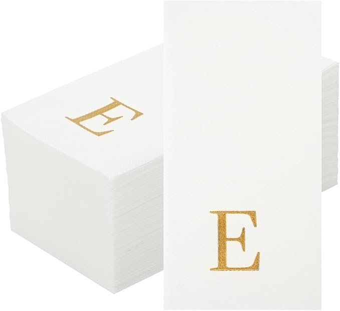 Luxenap 15.8 X 7.9 Inch Linen-Feel Guest Towels, 50 Lettered Hand Towels - Gold Letter 'E', Sans Serif Font, White Paper Dinner Napkins, airlaid, For Restrooms And Tables - Restaurantware