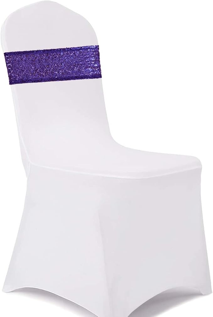 Eternal Beauty Pack of 30 Purple Sequin Bands Bows Chair Sashes for Wedding Chair Cover Decorations