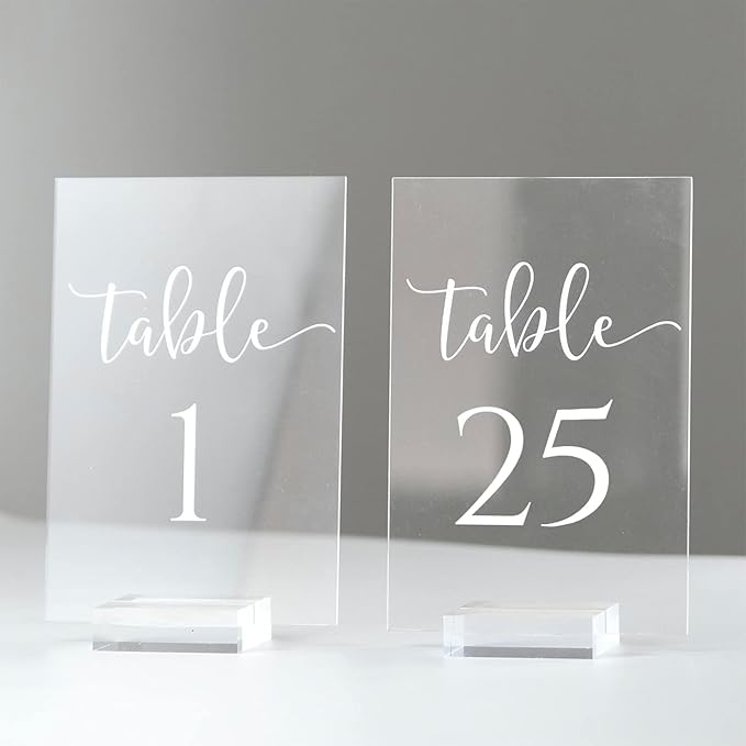 JINMURY Acrylic Wedding Table Numbers 1-25 with Stand- 4x6 Inch Clear Signs Printed Calligraphy Font, Clear Acrylic Table Numbers with Holder for Wedding Party Reception
