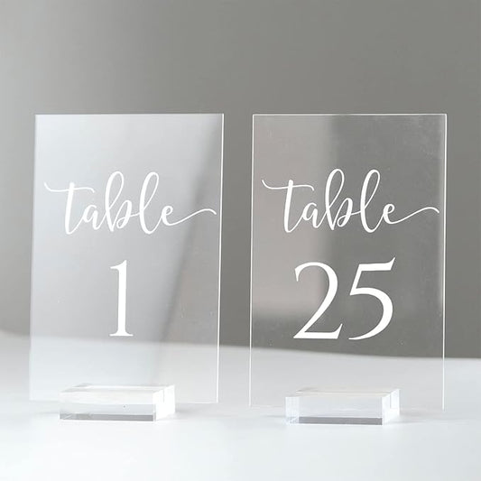 JINMURY Acrylic Wedding Table Numbers 1-25 with Stand- 4x6 Inch Clear Signs Printed Calligraphy Font, Clear Acrylic Table Numbers with Holder for Wedding Party Reception