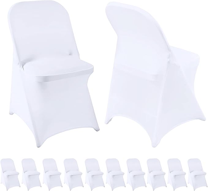 Folding Chair Covers 10 PCS Stretch Spandex Chair Covers Upgraded Universal Washable Fitted Chair Slipcovers Protector for Party, Wedding, Holidays, Banquet, Celebration (White, 10 PCS)