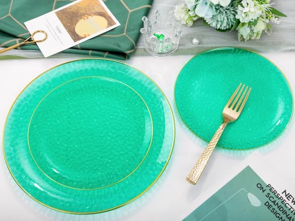 Hioasis 60pcs Green Plastic Plates - Gold Rimmed Disposable, Hammered, Heavy-duty Dinnerware Set Suitable for 30 Guests, 10.25" Dinner & 7.5" Dessert Plates for Party & Wedding