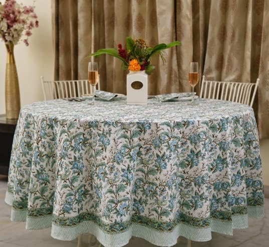 Ridhi Round Tablecloth Hand Block Print 100% Cotton Reusable Sage and Russian Green 110 Inch Table Cover Decorative Everyday Use for Dining, Home, Wedding, Farmhouse Gift for Spring, Mother's Day