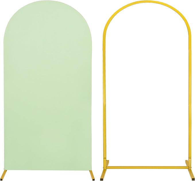 Metal Arch Stand and Cover Set,1 Sage Green Spandex Fitted Backdrop with 1 Gold Wedding Arched Stand Frame for Parties Birthday Baby Shower Bridal Banquet Decoration (6.6FT)