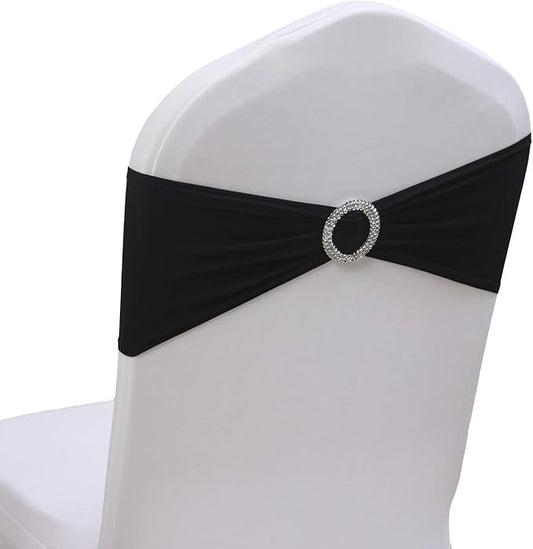 50PCS Stretch Chair Sashes Bows Elastic Chair Bands with Buckle Slider Sashes Bows for Wedding Hotel Banquet Birthday Party Decorations (50PCS, Black)
