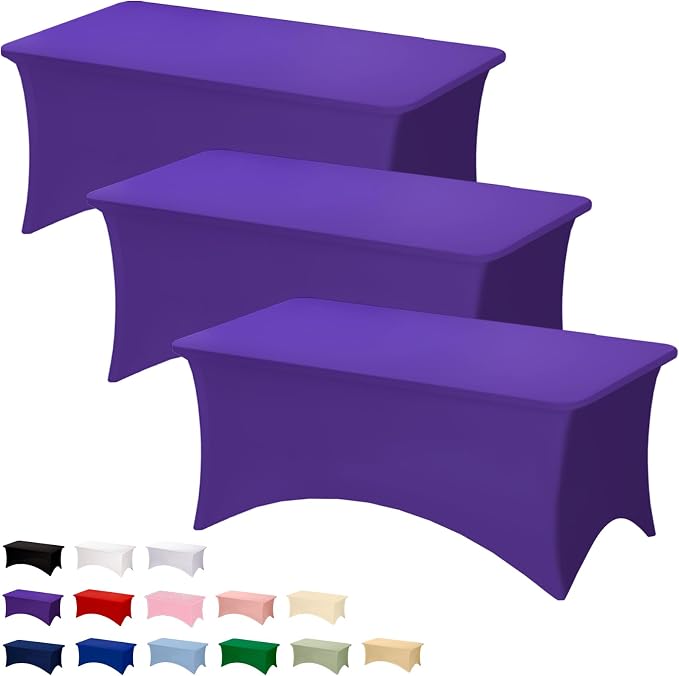 Fixwal 3 Pack Purple Tablecloth Rectangle 6Ft, Stretch Spandex Fitted Table Cover for Party, Trade Show, Wedding, Buffet, Graduation, Vendor Stand