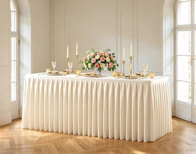 Champagne Polyester Table Cloths for Rectangle 8 Foot Tables, 2 Pack Wrinkle Free Tablecloths Stretchy Banquet Ruffle Fitted Table Cover Desk Skirt for Parties Wedding Birthday Baby Shower
