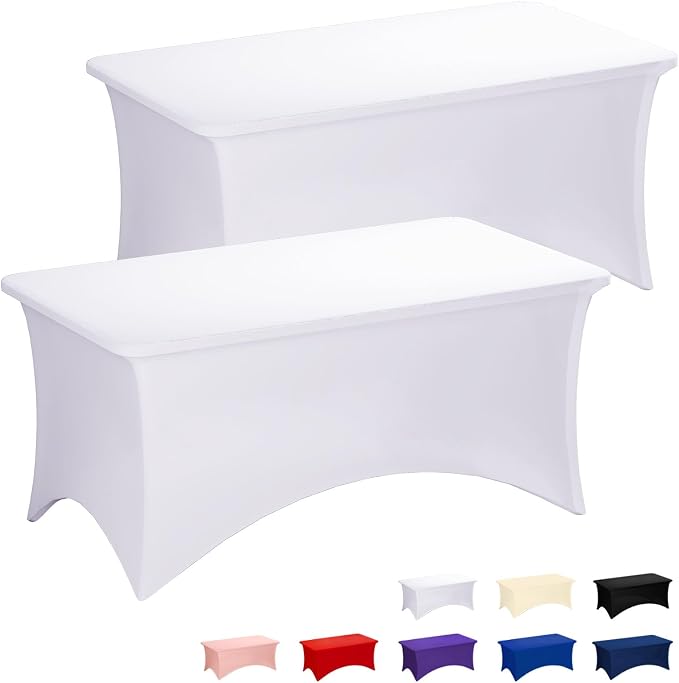 Fixwal White Stretch Table Cloth Rectangle 2 Pack 4Ft, Spandex Fitted Table Covers Washable for Party, Trade Show, Banquet, Wedding, Buffet