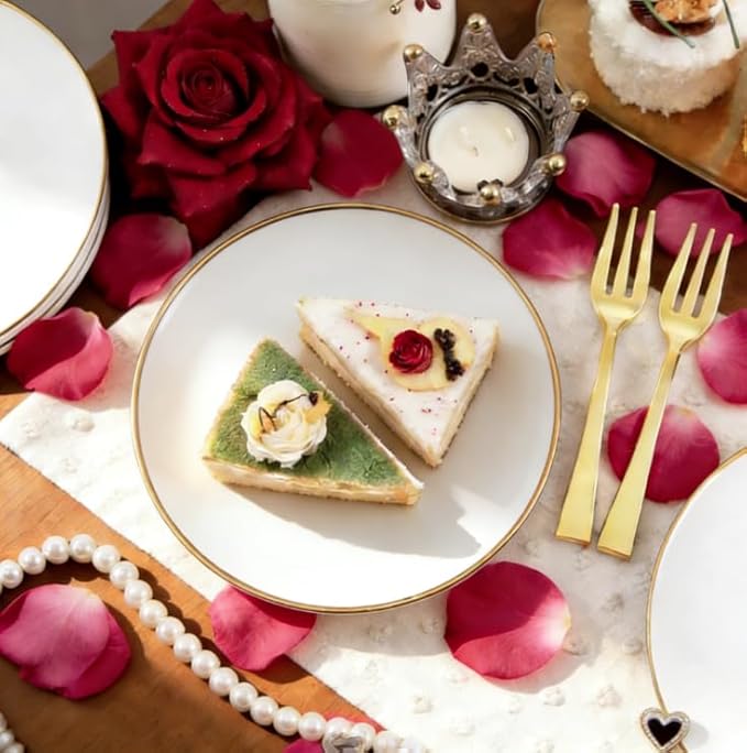 Festiva 200Pcs Gold Dessert Plates 6.3" with Forks 5"- Small Disposable Dessert/Appetize/Cake Plates Plates- serve 100 guests include 100Plates 100Forks for Wedding &Birthday Party & Outdoor