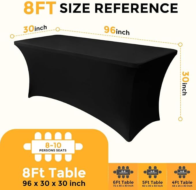 4 Pack 8FT Rectangular Spandex Tablecloth,Wrinkle Resistant Fitted Cover for 96x30 inch Banquet Table Cloth, Washable Stretch Fabric for Party, Events, Wedding, Vendor - Black