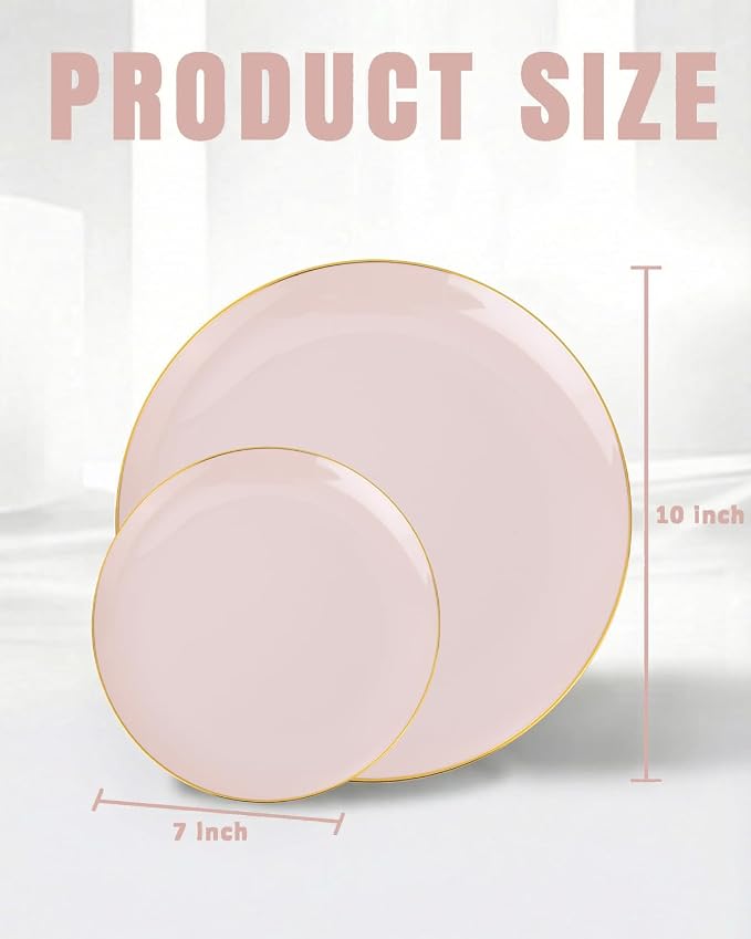 bUCLA 100PCS Pink Plastic Plates - Pink Disposable with Gold Rim - Include 50 Each (10 inch Dinner & 7 inch Dessert) Plates, Ideal for Party, Wedding & Birthday