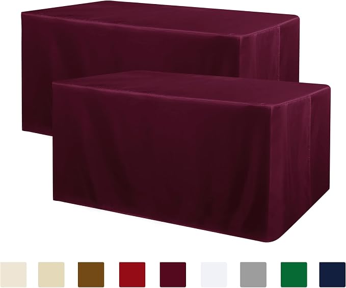 Obstal 2 Pack Fitted Table Covers for 6 Foot Tables - Water Resistant Washable Fabric Polyester Rectangle Table Cover Protector for Wedding, Banquet and Trade Shows, 72L x 30W x 30H Inches, Burgundy