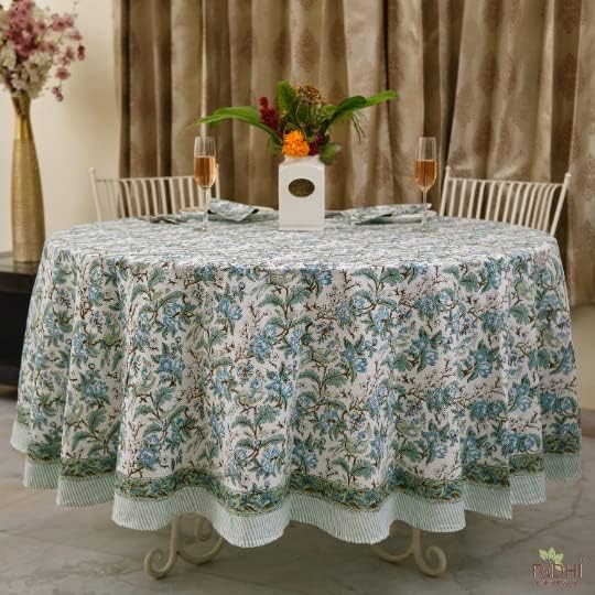Ridhi Round Tablecloth Hand Block Print 100% Cotton Reusable Sage and Russian Green 60 Inch Table Cover Decorative Everyday Use for Dining, Home, Wedding, Farmhouse Gift for Spring, Mother's Day
