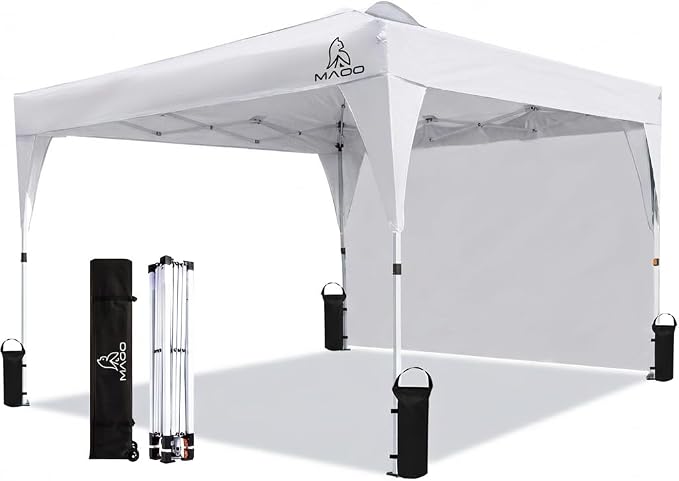 MAOO 10x10 Pop Up Canopy Tent with Sidewall, Easy Setup Instant Outdoor Canopy, 210D Silver Coated Waterproof UPF 50+ Sun Shade Shelter, Heavy Duty Steel Frame, Roller Bag,Khaki (White)