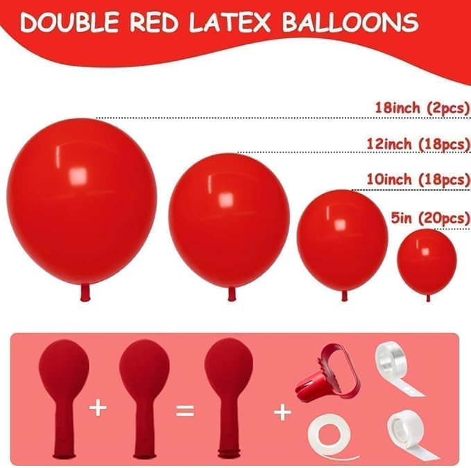 Red Balloon Arch Garland Kit Double Stuffed Ruby Red Balloons Different Sizes Latex for Birthday Valentine Mother's Day Wedding Baby Shower Bridal Shower Engagement Anniversary Party Decor