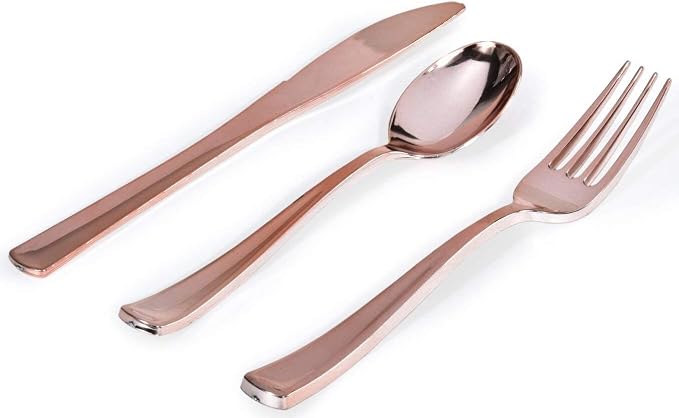 Rose Gold Plastic Silverware Set (160 Bulk Pack) Disposable Cutlery Utensils, 80 Forks, 40 Knives, 40 Spoons, Heavy Duty Rose Gold Flatware For Holidays, Parties, Dinners, Weddings, and Occasions