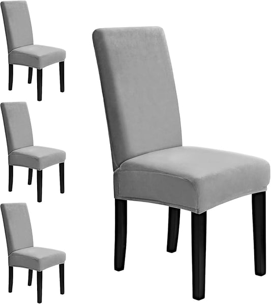 MOSAYT Velvet Stretch Chair Covers for Dining Room Set of 4 - Soft Slipcovers with Thick Removable Fabric for Parsons Chairs, Washable Seat Protectors for Kitchen, Banquet & Home Decor, Silver Grey