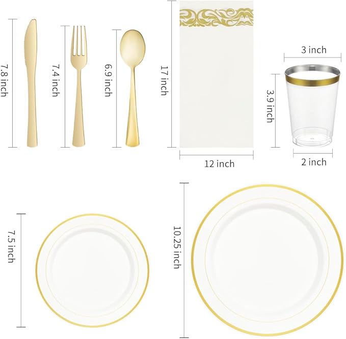 TTFM 175 Piece Plastic Dinnerware Set for 25 Guests, Plastic Plates for Party, Includes 25 Dinner Plates, 25 Dessert Plates, 25 Pre Rolled Napkins With Plastic Silverware, and 25 Cups (Gold)