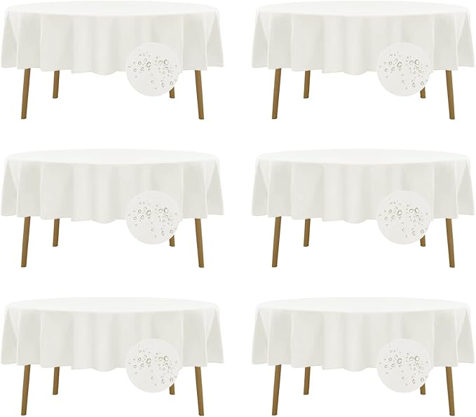 Fokitut 6 Pack Waterproof Round Tablecloth, 90 Inch, Stain Resistant and Wrinkle Polyester Table Cloth, Fabric Table Cover for Kitchen Dining, Wedding, Party, Holiday Dinner-Ivory